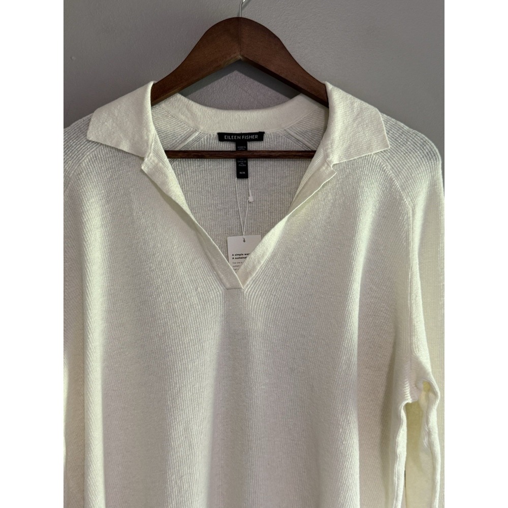 Eileen Fisher Linen Crepe Stretch Top Boxy Ivory Cream Classic Collar Texture M - Picture 7 of 16